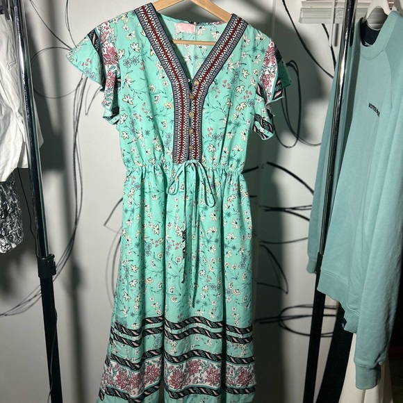 C+D+M Floral Dress Teal Base w/ Multi Flowers, Button Bust + Drawstring Waist - Picture 1 of 5